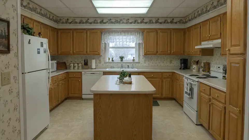 A dated 1990s kitchen, the first frame of the scroll demo